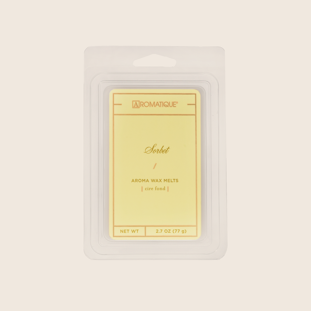 Sorbet Aroma Wax melts are fragranced with elements of lemon and lime entwined with peach, melon, and rose. Aromatique Wax Melts contain a set of 8 cubes made from 100% food-grade paraffin wax and a highly fragrant aroma - no wicks or flames needed.